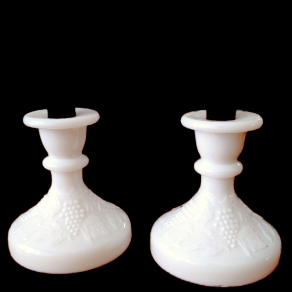 Vintage Milk Glass Candlestick Holders Harvest Grape Matching Set Rustic Decor - Picture 2 of 9